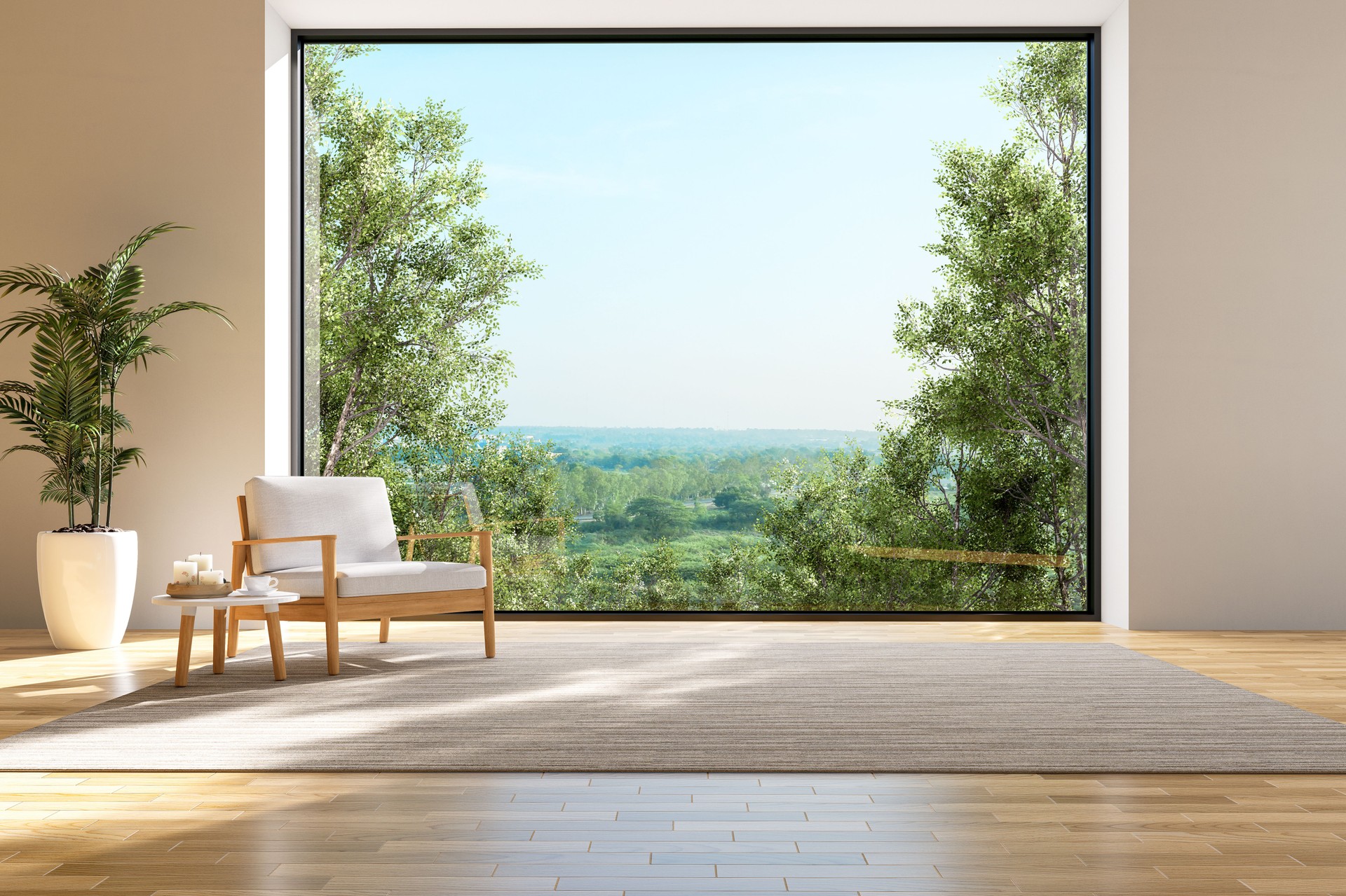 Modern contemporary style living room with large window overlooking nature view 3d render Modern contemporary style living room with large window overlooking nature view 3d render